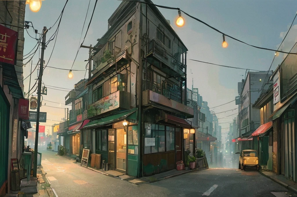 (masterpiece、Highest quality、Highest quality、Official Art、Beautiful and aesthetic:1.2)、Near future、Blade runner、Slum Street、Late at night、Lo-fi Hip Hop、Cafe with small lights、Residential Street、silence、It&#39;s raining a little、人いない景色アニメ background, アニメ wallpaper, アニメ, アニメ style, praise, praise style, Modern Japanese streets, Mountain々, Uphill, Modern Japanese architecture, Japanese Convenience Stores, big retro japanese Store sign, Retro Japanese shop, wood, plant, rock, Wood flower pot, Store sign, Japanese Banner, Japanese Signs, flag, sunrise, Golden Hour, Golden lighting, Empty Streets, no one in sight, (no one: 1), Highest quality