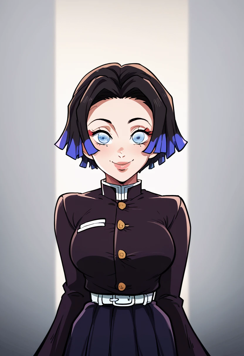 Draw a character in animated art style, with a vibrant and expressive appearance. The character must have exaggerated characteristics, like big, expressive eyes, a subtle and fun smile, and a straight posture. The background should be simple and not distract from the main figure. The character must be from the Kimetsu no Yaiba universe/Demon Slayer, black short hair, blue colored eyes. Wearing a tight skirt, frontal angle, animated cartoon, beautiful drawing.