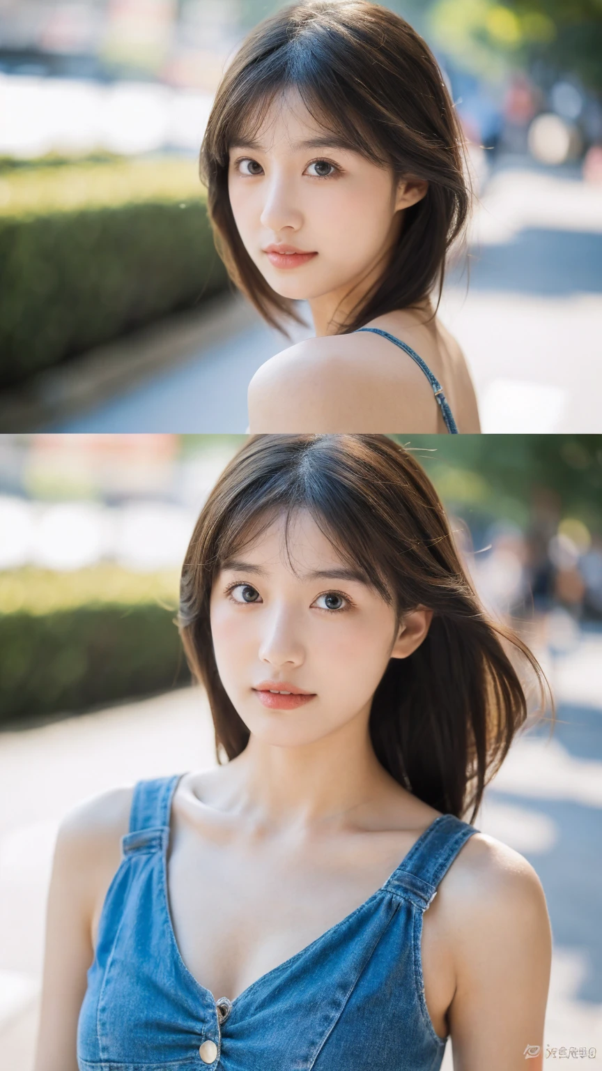 ((Best quality, 8K, masterpiece:1.3))，1girl，18 years old，Asian，Real texture:1.3，(Background blur:1.1)，Dress Up，Tall and slender figure:1.2，(Hot summer weather)，（street:1.3），Highly detailed face and skin textures，Exquisite eyes，Long eyelashes，Double eyelids，Skin Whitening，happy，Various postures，Big breasts