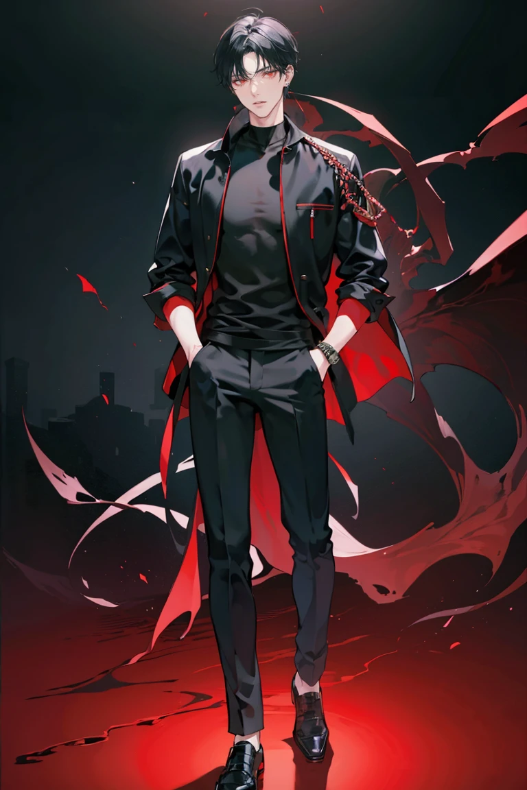 (masterpiece), best quality, seductive eyes, perfect face, handsome man, red eyes, middle part black haircut, plain black t shirt, black and red jacket, black fitted pants, full body, tall man, long legs, anime cover, 1boy, ear piercings, hands in pockets, adult-like look
