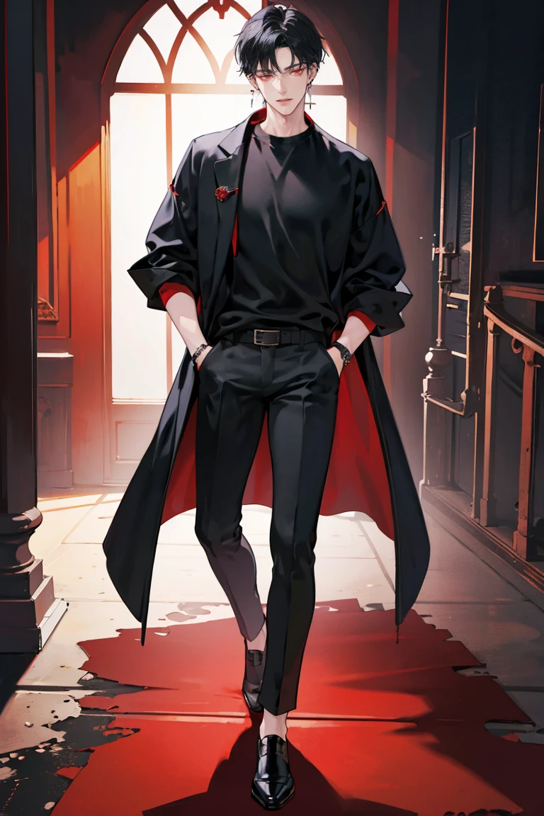 (masterpiece), best quality, seductive eyes, perfect face, handsome man, red eyes, middle part black haircut, plain black t shirt, black and red jacket, black fitted pants, full body, tall man, long legs, anime cover, 1boy, ear piercings, hands in pockets, adult-like look