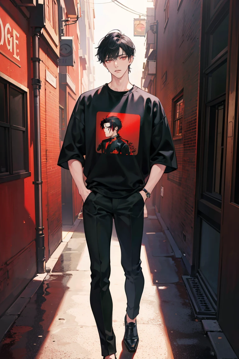 (masterpiece), best quality, seductive eyes, perfect face, handsome man, red eyes, middle part black haircut, plain black t shirt, black and red jacket, black fitted pants, full body, tall man, long legs, anime cover, 1boy, ear piercings, hands in pockets, adult-like look
