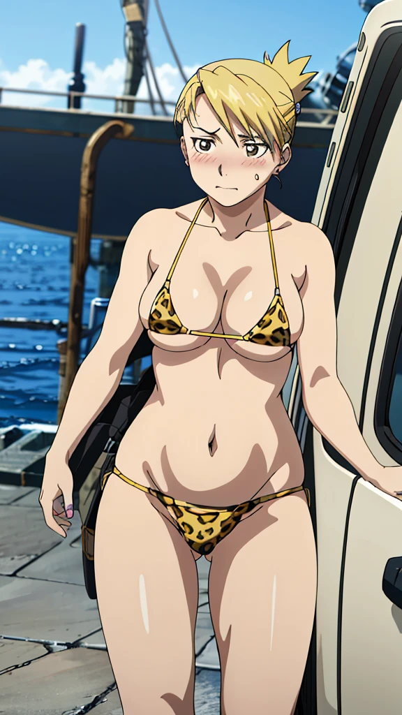 (masterpiece, 4K, Highest quality, anime style: 1.9, Detailed face, Lovely, Ocean,bold, High resolution, anime, Lake 4. alone, Curvaceous, Thighs, Cleavage, Center of chest,Very slim belly, Cowboy Shot, Leopard print micro bikini,1 Girl、Riza Hawkeye - Full Metal Alchemist,Blonde,Tie your hair up,blush,Embarrassed face