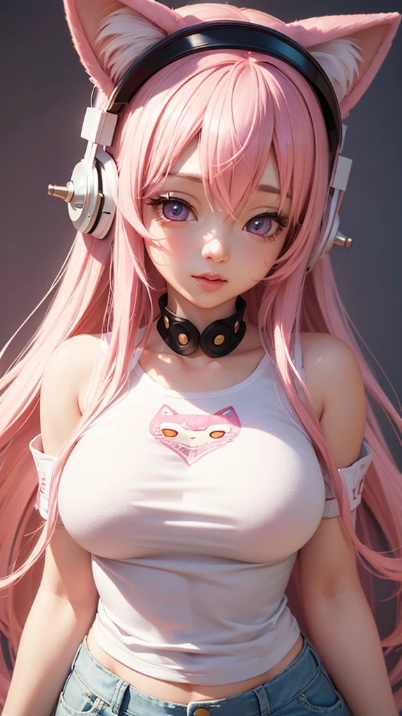 a detailed portrait of Super Sonico, beautiful detailed eyes, beautiful detailed lips, extremely detailed face and features, long eyelashes, pink hair, big breast, wearing a head phone, cute expression, wearing a pink cat headband, detailed clothing, intricate details, highly detailed, 8k, photorealistic, professional lighting, vibrant colors, studio lighting, dynamic composition, fantasy, white shirt, short jeans