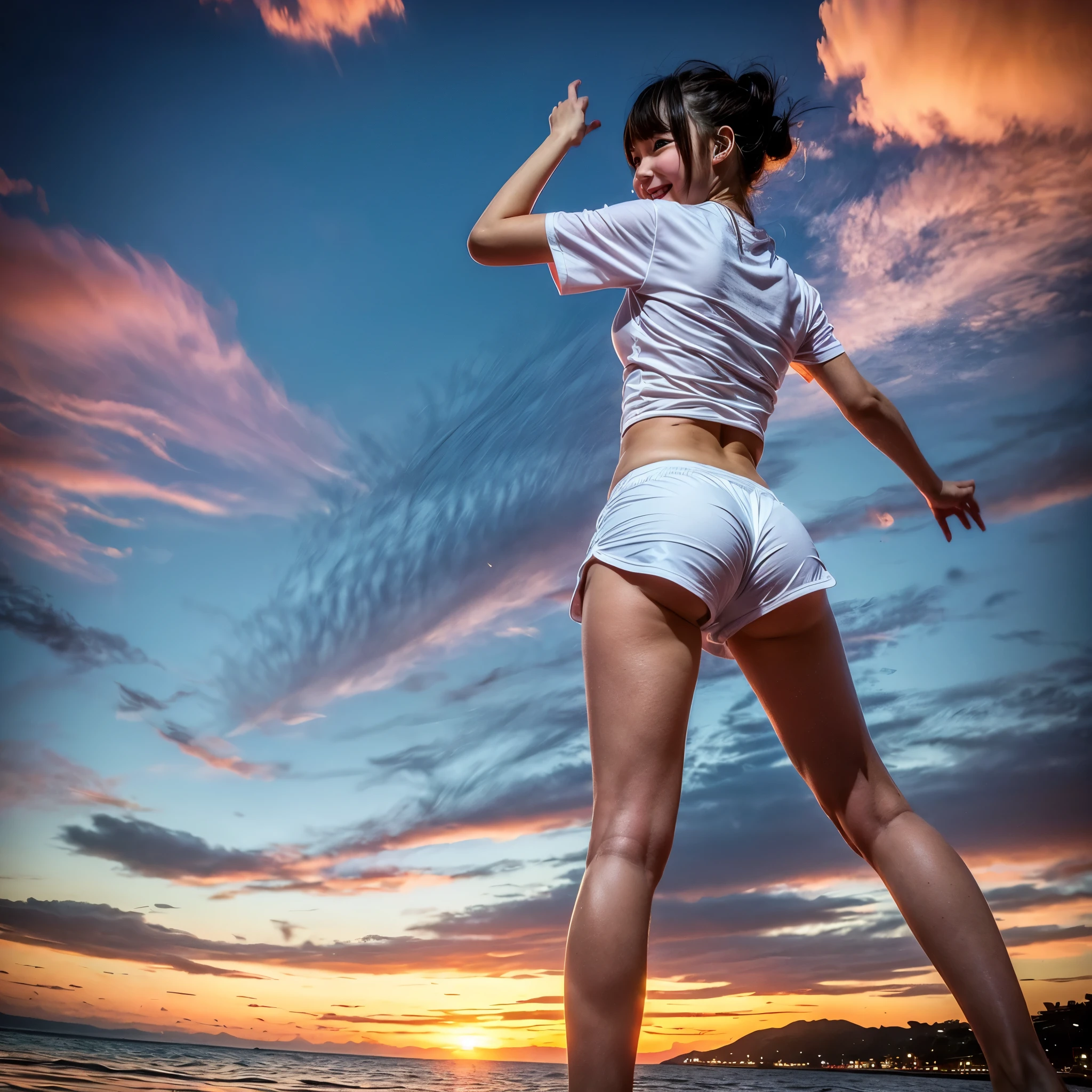 ((ExtremelyDetailed ( KAWAII Girl Floating:1.37) in WHITE at Dusk Enoshima Beach)), (masterpiece 8K TopQuality) (ProfessionalPhoto:1.37), {(Standing Full Body:1.2)|(from below:1.2)}, Different types of hair colors, {(White skinny(School Swimwear))|(SchoolUniform with WhiteSkinny LowRise shorts)}, {Detailed Childish hand|Hidden hand|Armpit|Different types of breasts of various sizes from HUGE to FLAT|(Clearly Visible the shape of Butt)}, Joyful Expressions LifeLike Rendering, PerfectLighting, Dazzling Horizon {Colorful Clouds | Starry IridescentParticles}