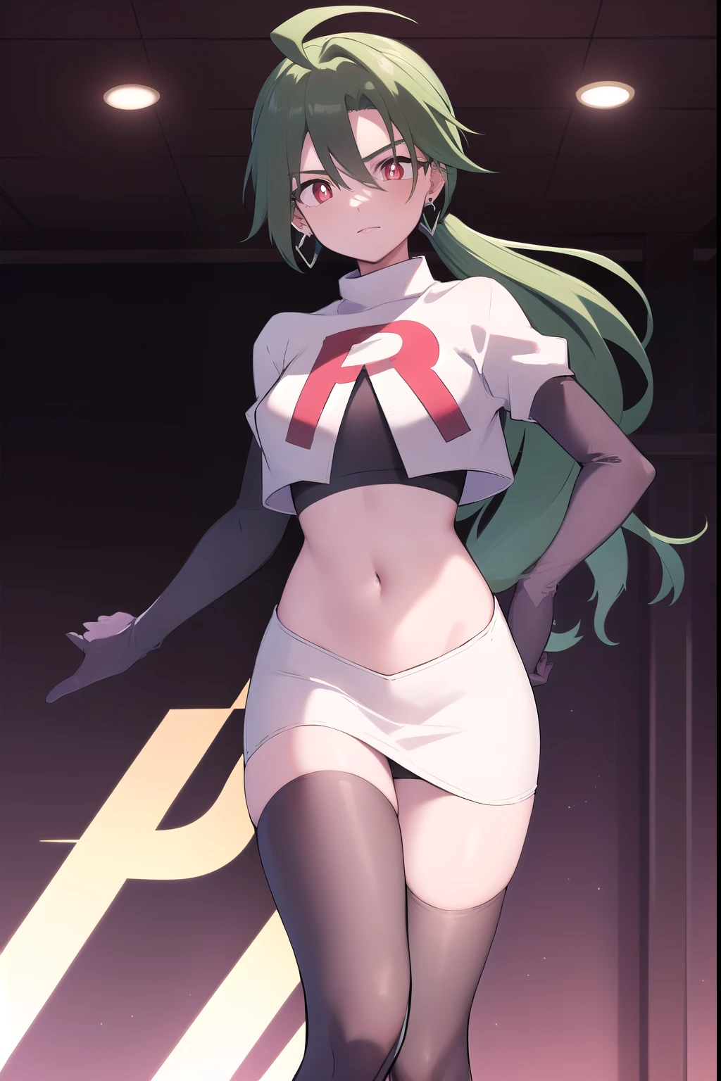 absurdres, best quality, 1girl, solo, eye focus, looking at viewer,  rika, ahoge, ponytail, bright pupils, white pupils, earrings, green hair, red eyes, bright pupils, team rocket,team rocket uniform,white skirt,red letter R,crop top,black thigh-highs,black elbow gloves