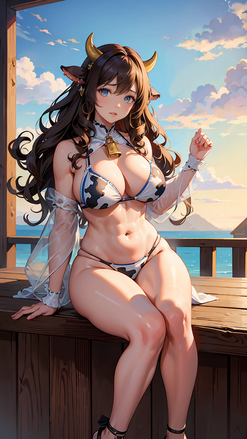 Highest quality、masterpiece、8K、Realistic、超High resolution、Very delicate and beautiful、High resolution、Fantasy World、（Cowgirl）、Brown Skin、Muscle Girl、Big body、Perfect female body、Beautiful woman、Mature Woman、Brown Hair、Curly Hair、Cow horn、Foot ears、Cow&#39;s tail、Earrings、Large Breasts、Big Ass、Plump body、Sexy pose、Full body emphasis