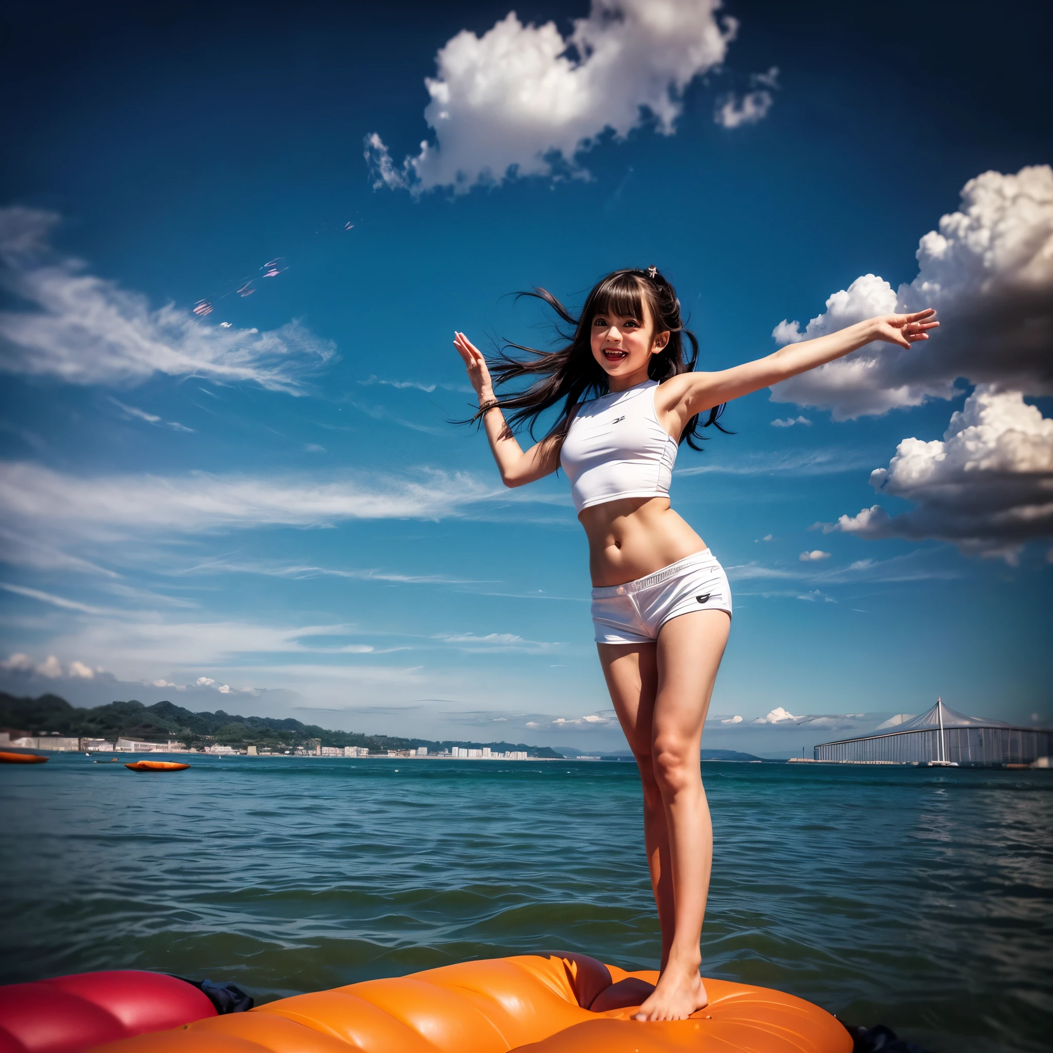 ((ExtremelyDetailed ( KAWAII Girl Floating:1.37) in WHITE at Dusk Enoshima Beach)), (masterpiece 8K TopQuality) (ProfessionalPhoto:1.37), {(Standing Full Body:1.2)|(from below:1.2)}, Different types of hair colors, {(White skinny(School Swimwear))|(SchoolUniform with WhiteSkinny LowRise shorts)}, {Detailed Childish hand|Hidden hand|Armpit|Different types of breasts of various sizes from HUGE to FLAT|(Clearly Visible the shape of Butt)}, Joyful Expressions LifeLike Rendering, PerfectLighting, Dazzling Horizon {Colorful Clouds | Starry IridescentParticles}