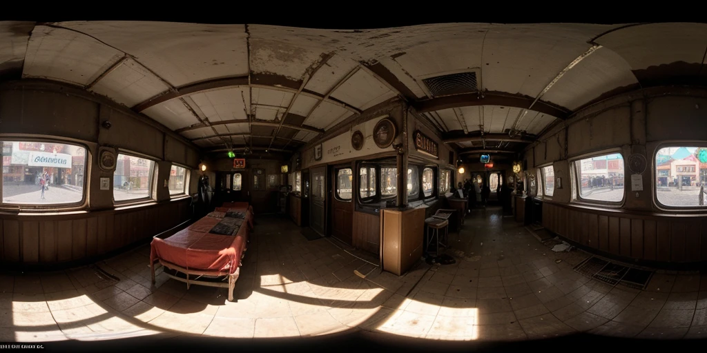 Equirectangular 360-degree panorama view photo with left and right ends seamlessly connected. Underexpose Lighting, Dilapidated amusement park