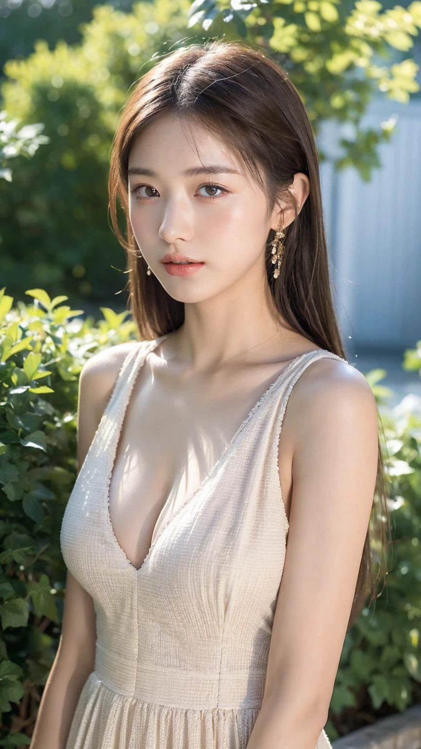 ((Best quality, 8K, masterpiece:1.3)),1girl,18 years old,Asian,Real texture:1.3,(Background blur:1.3),Dress Up,Tall and slender figure:1.2,(Hot summer weather),(garden:1.3),Highly detailed face and skin textures,Exquisite eyes,Long eyelashes,Double eyelids,Skin Whitening,happy,Big breasts