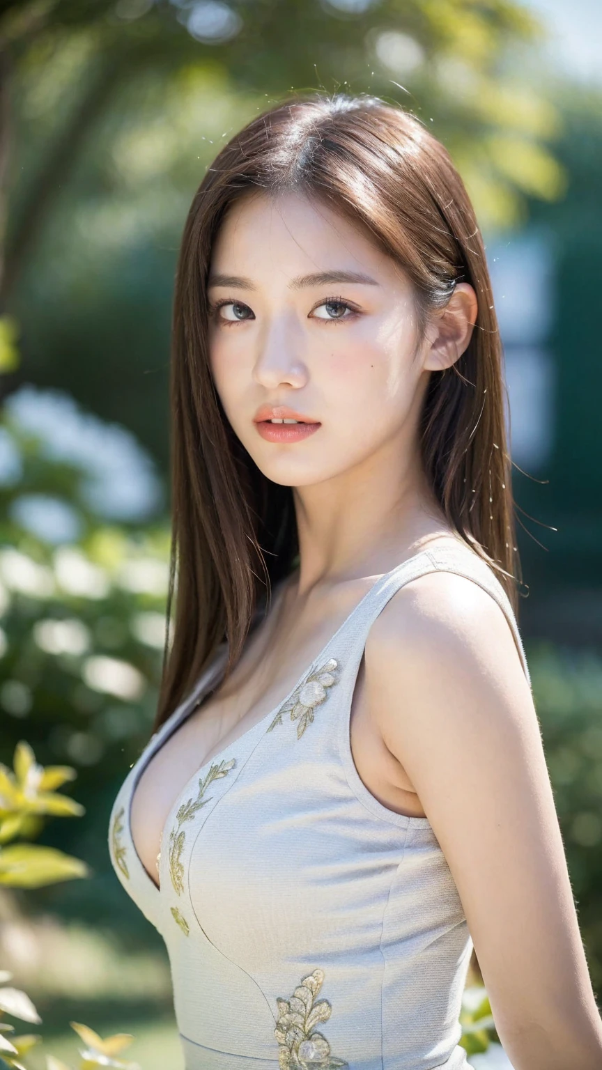 ((Best quality, 8K, masterpiece:1.3))，1girl，18 years old，Asian，Real texture:1.3，(Background blur:1.3)，Dress Up，Tall and slender figure:1.2，(Hot summer weather)，（garden:1.3），Highly detailed face and skin textures，Exquisite eyes，Long eyelashes，Double eyelids，Skin Whitening，happy，Big breasts