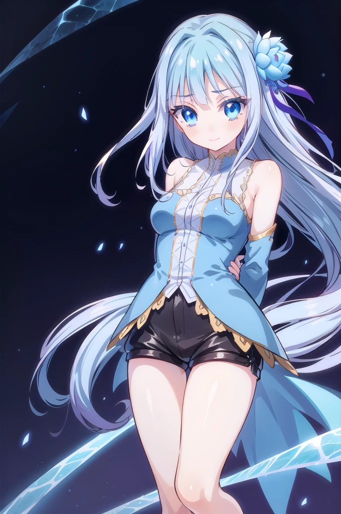 1girl,solo,full body,standing,(blue hair:1.2),long hair, straight hair,bangs,ice flower ornament,(blue eyes:1.2), (beautiful fingers:1.4),(perfect anatomy:1.4),(arms_behind_back:1.6),medium breasts,beautiful breasts,masterpiece,best quality,(Ultra high definition eyes:1.2),8k,(Beautiful detailed eyes:1.2),(Fine and beautiful eyes:1.2),(pretty eyes:1.2),finely detail,extremely CG, absurdres,high resolution,illustration,Detailed and beautiful outlines,finely detail,high resolution,(colorful refraction:1.4,Increase saturation:1.2),beautiful lighting,dynamic lighting,closed room,black background,simple background, smile,looking at viewer,mabel rayveil, hair ornament, flower, hair flower, blunt bangs,long sleeves, jacket, shorts, puffy sleeves, short shorts, black shorts, juliet sleeves,