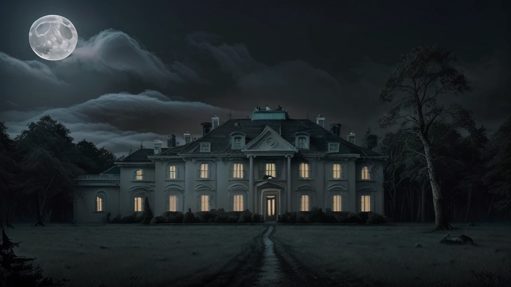 ( 1boy 1.3 )(highest quality:1.2, masterpiece), 8K, Professional Lighting, Cinematic Lighting, RAW Photos, Ultra-realistic photos, hyper detailed portrait, Dogs, (((white mansion shaped alike White House in U.S., white mansion with no lights on, surrounded by dead trees, ultra realistic exterior of white spooky mansion without lights on, in deep spooky forest, ultra detailed exterior of spooky mansion in deep spooky forest, dark atmosphere, mansion in gloomy forest, realistic fog, detailed mist))), (((((night atmosphere, mid night forest view, moon in cloud))))),