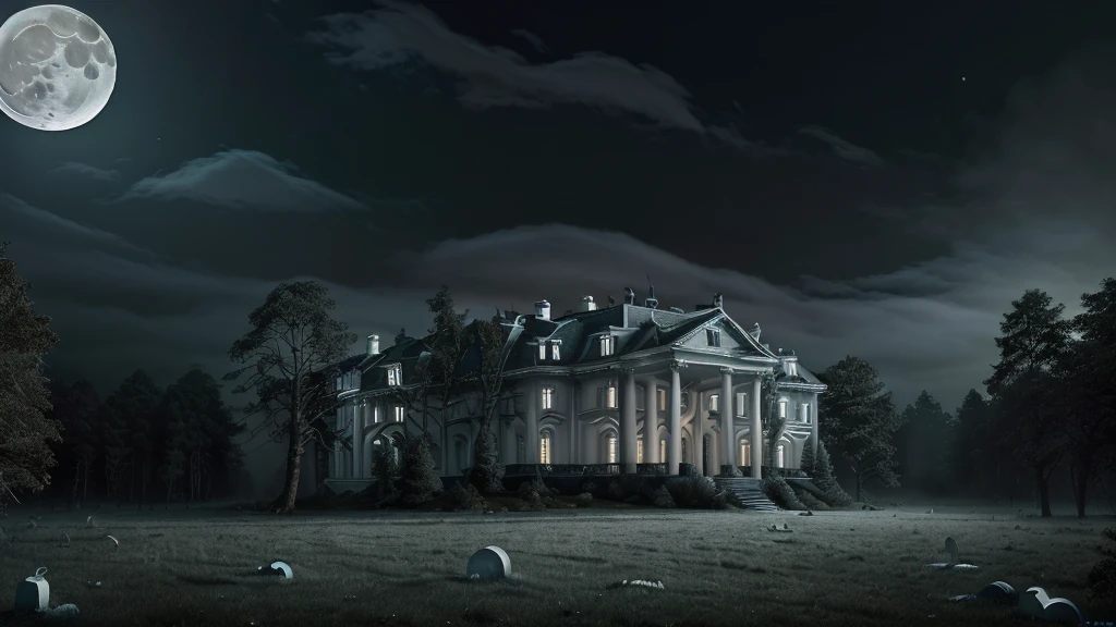( 1boy 1.3 )(highest quality:1.2, masterpiece), 8K, Professional Lighting, Cinematic Lighting, RAW Photos, Ultra-realistic photos, hyper detailed portrait, Dogs, (((white mansion shaped alike White House in U.S., white mansion with no lights on, surrounded by dead trees, ultra realistic exterior of white spooky mansion without lights on, in deep spooky forest, ultra detailed exterior of spooky mansion in deep spooky forest, dark atmosphere, mansion in gloomy forest, realistic fog, detailed mist))), (((((night atmosphere, mid night forest view, moon in cloud))))),