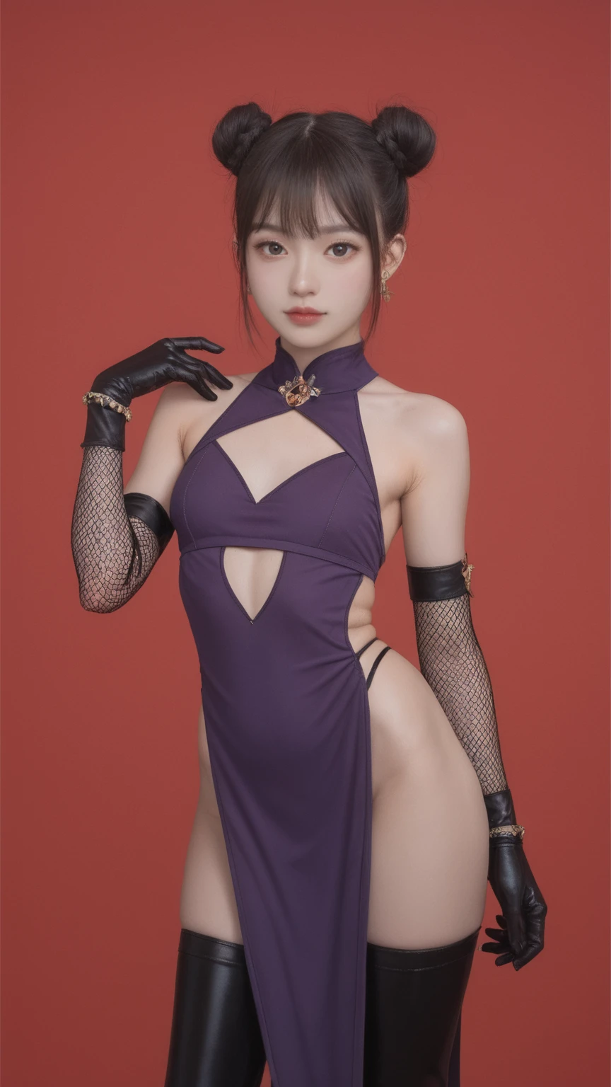 realistic,score_9, score_8_up, score_7_up, red background,1girl,solo,looking at viewer,standing,cowboy shot,small breasts,purple dress,cleavage cutout,jewelry,pelvic curtain,animal ears,double bun,elbow gloves,fishnet gloves,bracelet,thigh boots,