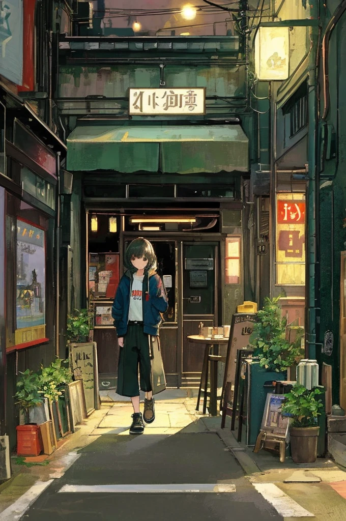 (masterpiece、Highest quality、Highest quality、Official Art、Beautiful and aesthetic:1.2)、Near future、Blade Runner、Slum Street、Late at night、Lo-fi Hip Hop、Cafe with small lights、Residential Street、silence、It&#39;s raining a little、人いない景色anime background, anime wallpaper, anime, anime style, praise, praise style, Modern Japanese streets, Mountain々, Uphill, Modern Japanese architecture, Japanese Convenience Stores, big retro japanese Store sign, Retro Japanese shop, wood, plant, rock, 植wood鉢, Store sign, Japanese Banner, Japanese Signs, flag, sunrise, Golden Hour, Golden lighting, Empty Streets, no one in sight, (no one: 1), Highest quality