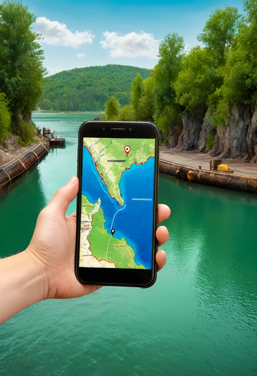 It's very realistic, with a smartphone in your hand and a map displayed on the smartphone screen, outdoors,
Signs of a fantastic landscape in the depths of the berth