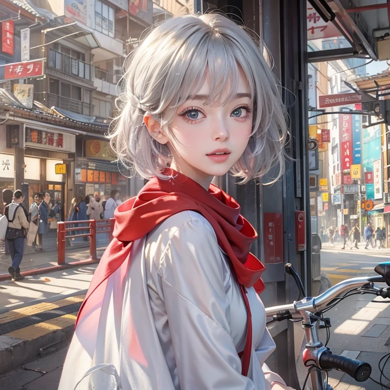 (masterpiece:1.3), (8K, Realistic, RAW Photos, Best image quality: 1.4), Fair-skinned fairy woman、short hair、Cleavage:2.0、Highly detailed face、Attention to detail、double eyelid、Sharp focus:1.2、Beautiful woman:1.4、Silvery white hair、Highest quality、masterpiece、Ultra-high resolution、(Realistic:1.4)、Highly detailed and professionally lit smiles、Loose, Light, Wear a Japan high school uniform:1.5、Red scarf、 One person、whole body,Cycling through Japanese cities、