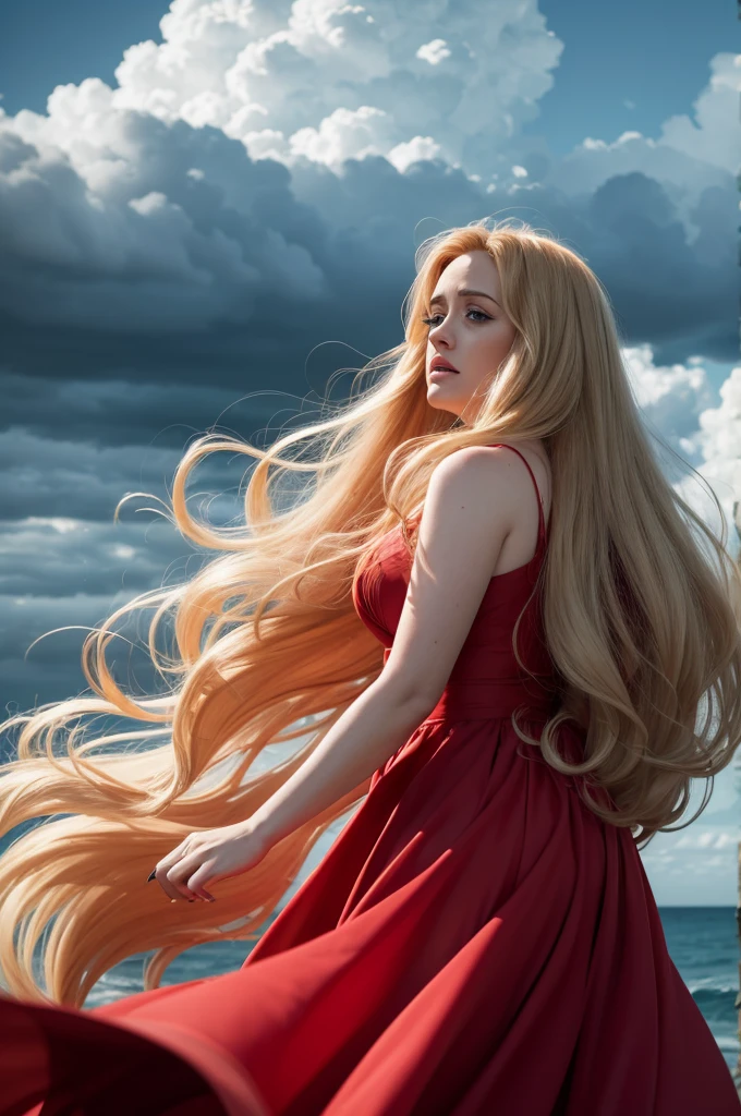 cloudy sky, Adele wearing a flowing red dress, with long blond hair blowing in the wind, flutuando no oceano