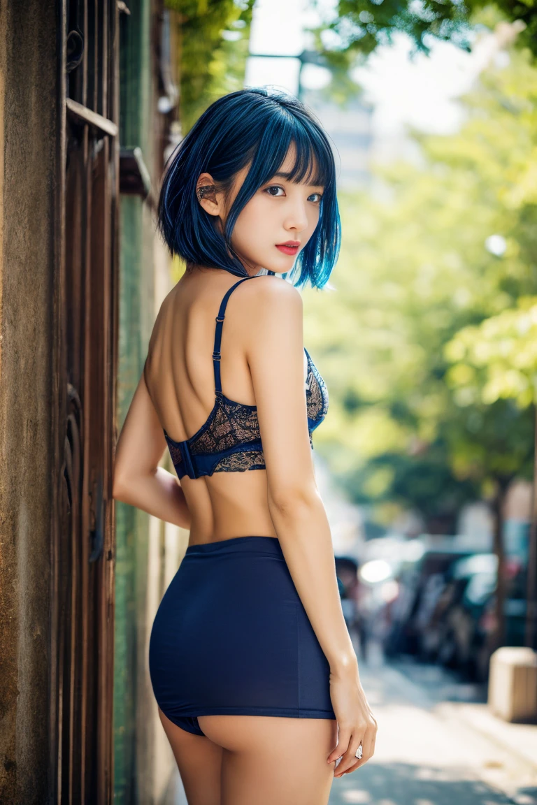 best quality, masterpiece, 16k, ultra detailed, beautiful skin, nsfw, High-resolution image quality, top-quality, extremely delicate and beautiful, extremely details CG, realistic, finely detail, full body shot, Beautiful feet, small buttocks, short hair, mini-skirt, visible underwear, peeping photo, outdoors, The subject is far away, long shot., looking away, Background is the latest Japanese urban streets., side view, Dark-colored lipstick, blue hair, thin eyebrows, Eyes sideways,