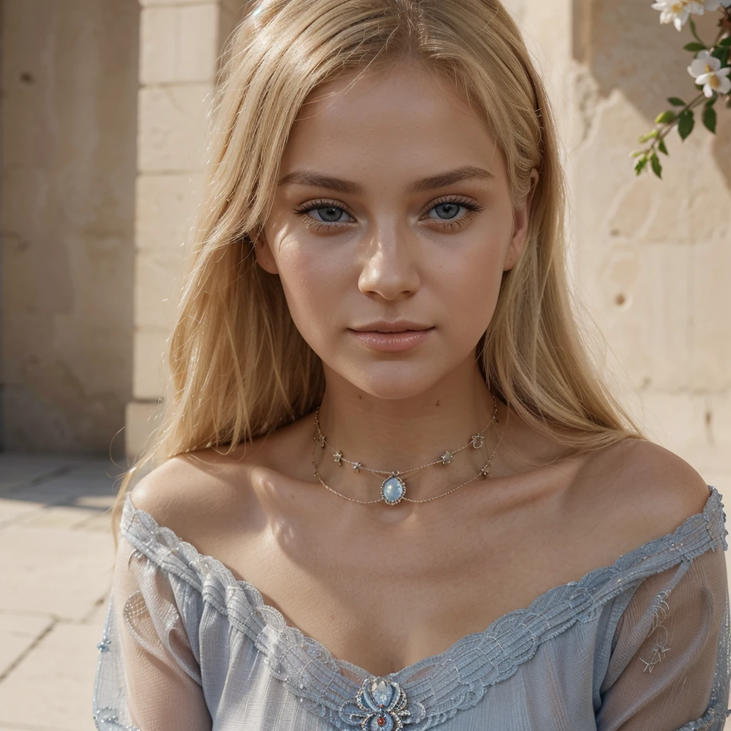 1 magnifique femme,la plus belle femme blonde  russe du monde avec un magnifique visage d'ange trés détaillé et trés realiste avec beaucoup de détails et de spandeurs, une magnifique tenue d'été gucci,des magnifiques bijoux gucci