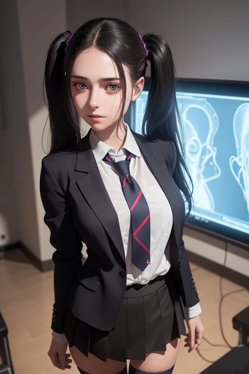 1girl, beautiful young woman, long black hair, twin tails, blue blazer uniform, tie, tight skirt, knee socks, standing in anatomy club room, gazing at viewer, sweet expression, human body drawings on blackboard, (best quality,4k,8k,highres,masterpiece:1.2),ultra-detailed,(realistic,photorealistic,photo-realistic:1.37),anatomy,scientific,precise,hyper-realistic,intricate details,vivid colors,cinematic lighting,volumetric lighting,depth of field,photo-realistic rendering