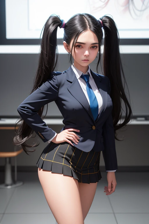 1girl, beautiful young woman, long black hair, twin tails, blue blazer uniform, tie, tight skirt, knee socks, standing in anatomy club room, gazing at viewer, sweet expression, human body drawings on blackboard, (best quality,4k,8k,highres,masterpiece:1.2),ultra-detailed,(realistic,photorealistic,photo-realistic:1.37),anatomy,scientific,precise,hyper-realistic,intricate details,vivid colors,cinematic lighting,volumetric lighting,depth of field,photo-realistic rendering