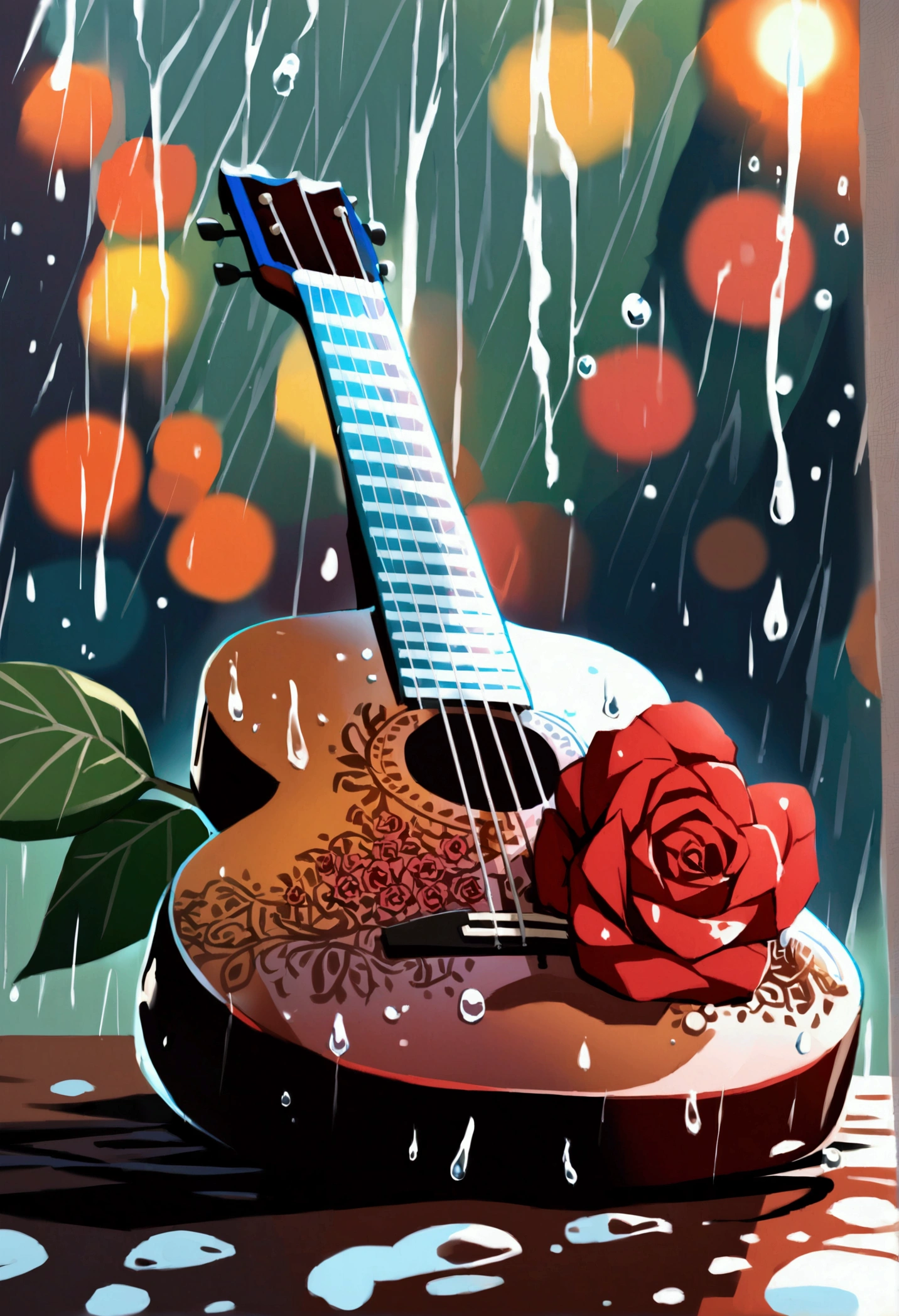 a classical guitar with a red rose, rain, water droplets on the guitar, distorted background