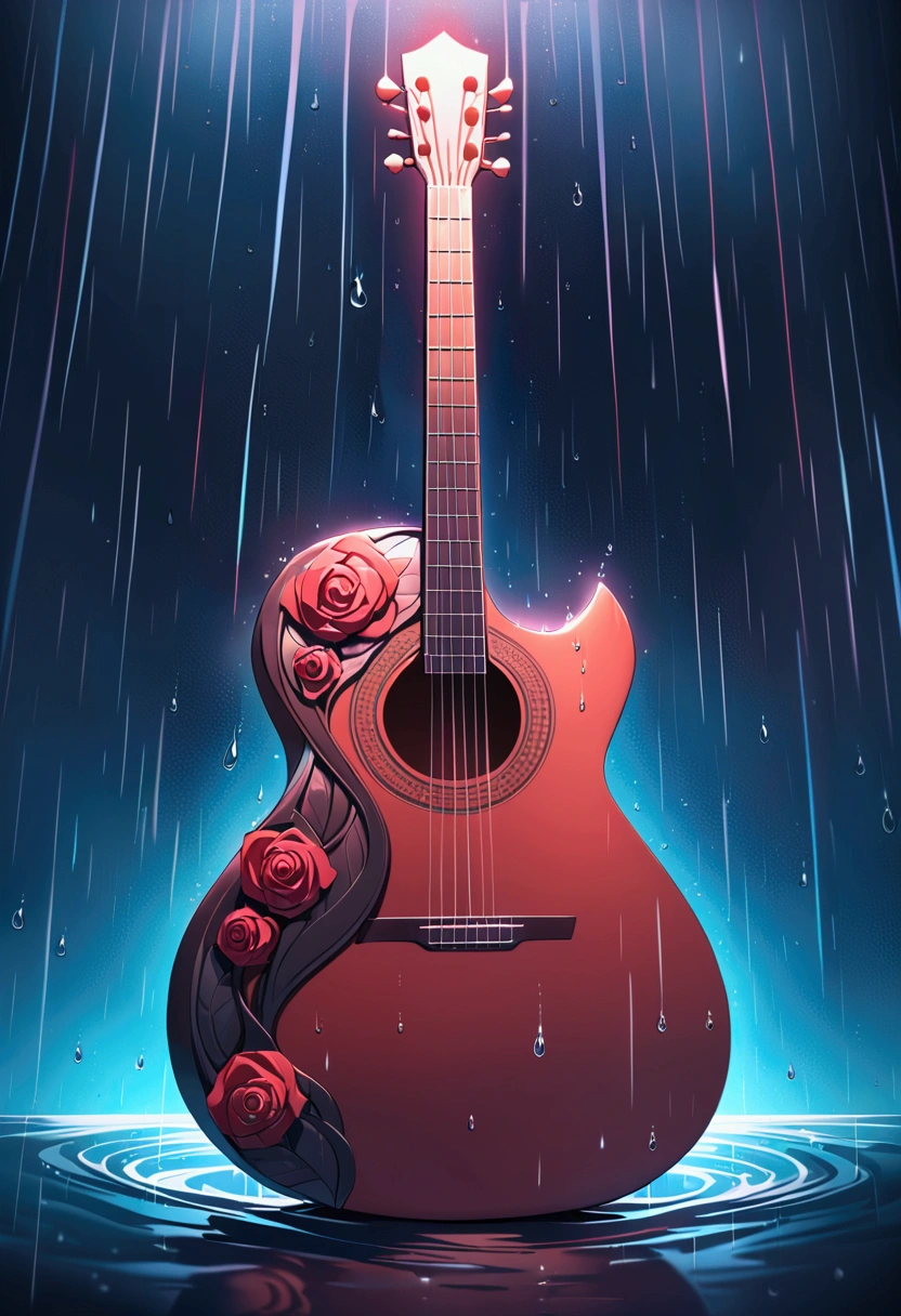 a classical guitar with a red rose, rain, water droplets on the guitar, distorted background