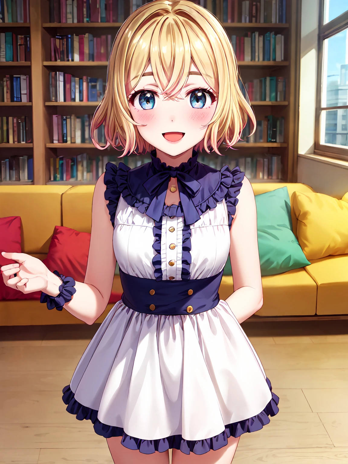 Masterpiece ,best quality , high resolution , ultra detail , colorful , (1 girl solo:1.3 ) , (mami , short hair , blonde hair , blue eyes , make up) , (  ), (standing , cowboy_shot) , (indoor , sofa , windows , bookcase ) , ( full face blush , shy , smile , open mouth  ) , (face viewer , look at the viewer )