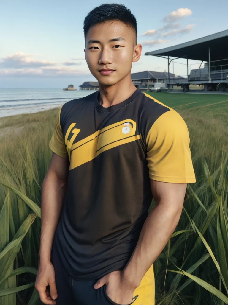 A handsome, muscular young Asian man looks at the camera. In a simple t-shirt black and yellow , Fieldside, grass, beach, sunlight, 