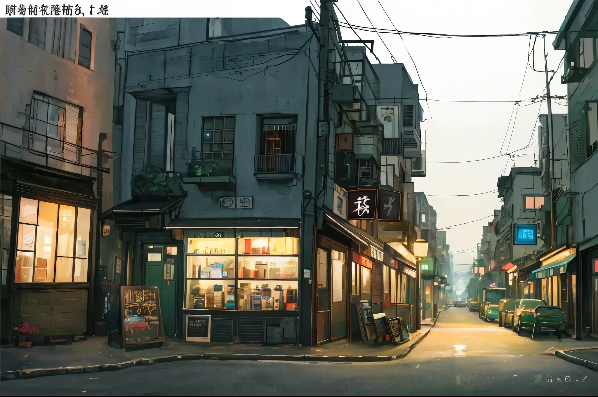 (masterpiece、Highest quality、Highest quality、Official Art、Beautiful and aesthetic:1.2)、Near future、Blade runner、Slum Street、Late at night、Lo-fi Hip Hop、Cafe with small lights、Residential Street、silence、It's raining a little、人いない景色アニメ background, アニメ wallpaper, アニメ, アニメ style, praise, praise style, Modern Japanese streets, Mountain々, Uphill, Modern Japanese architecture, Japanese Convenience Stores, big retro japanese Store sign, Retro Japanese shop, wood, plant, rock, Wood flower pot, Store sign, Japanese Banner, Japanese Signs, flag, sunrise, Golden Hour, Golden lighting, Empty Streets, no one in sight, (no one: 1), Highest quality