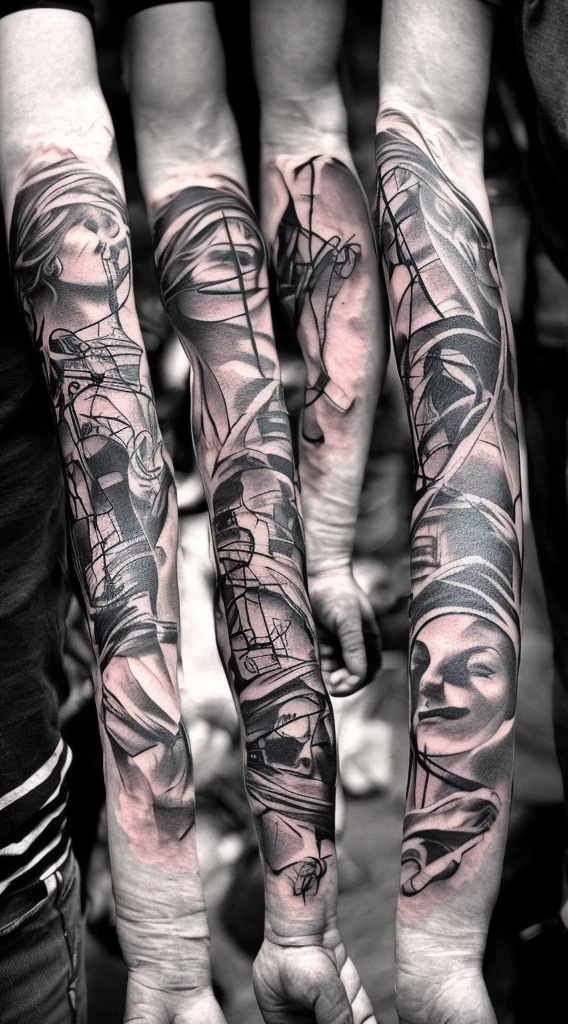 Forearm tattoo of a man holding his two children in his arms, he protects his children from the falling rain, rain is actually sand flowing from an hourglass 