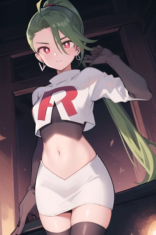 absurdres, best quality, 1girl, solo, eye focus, looking at viewer,  rika, ahoge, ponytail, bright pupils, white pupils, earrings, green hair, red eyes, bright pupils, team rocket,team rocket uniform,white skirt,red letter R,crop top,black thigh-highs,black elbow gloves