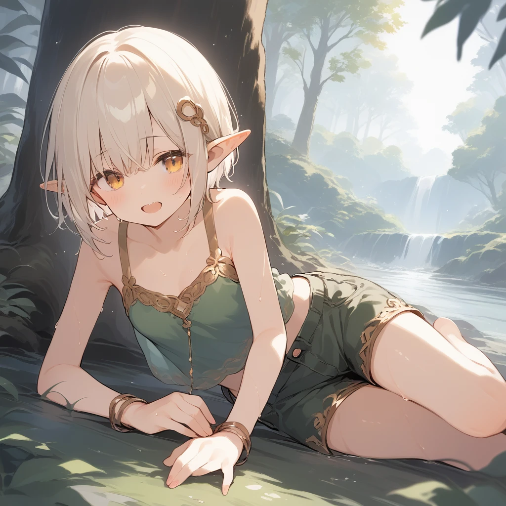 score_9, score_8_up, score_7_up, source_anime, best quality, masterpiece, official art, absurdres, highres, ultra-detailed,waifu2x,Collection: Slice of Life,break,1girl, elf, short hair, slender, androgynous, small breasts, beautiful detailed eyes, green shorts, sweat, open mouth,  sleepily, outdoors, forest,break,(clear line illustration:1.2), super detailed skin,very high resolution, very aesthetic, Best sexual lighting powered by famous artist, 8k,cute picture,beauty illustration,photoshop_(medium),,(Detailed Lighting),best anime 8k konachan wallpaper, pixiv contest winner, 