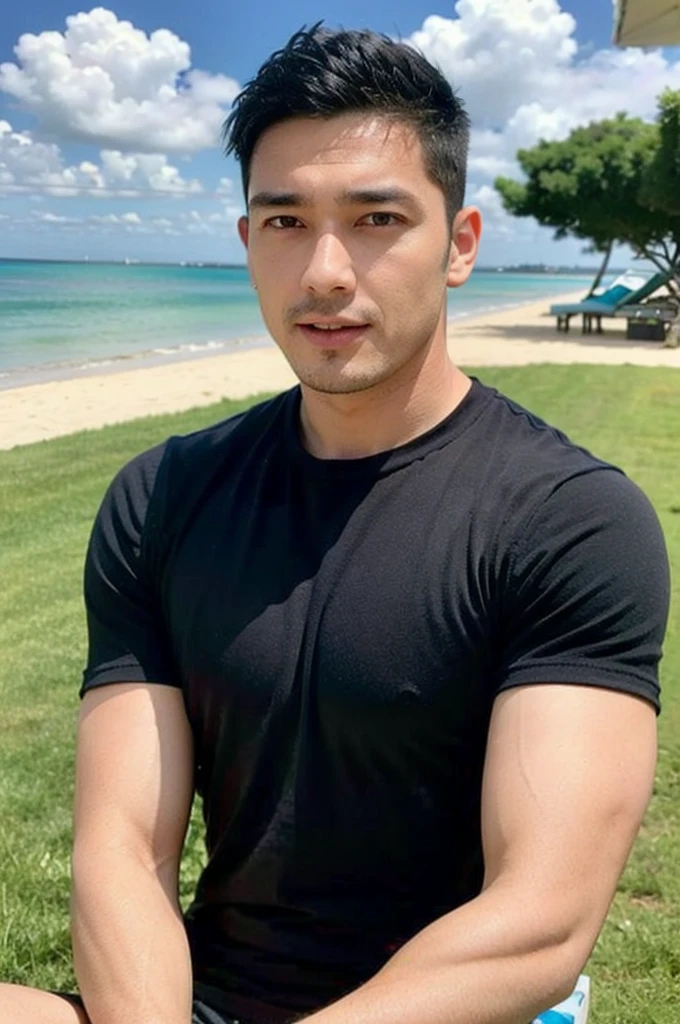 A handsome, muscular young Asian man looks at the camera. In a simple t-shirt black and yellow , Fieldside, grass, beach, sunlight,