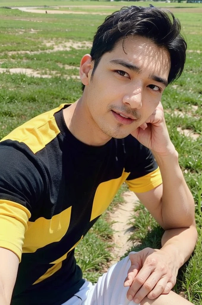 A handsome, muscular young Asian man looks at the camera. In a plain yellow t-shirt , Fieldside, grass, beach, sunlight