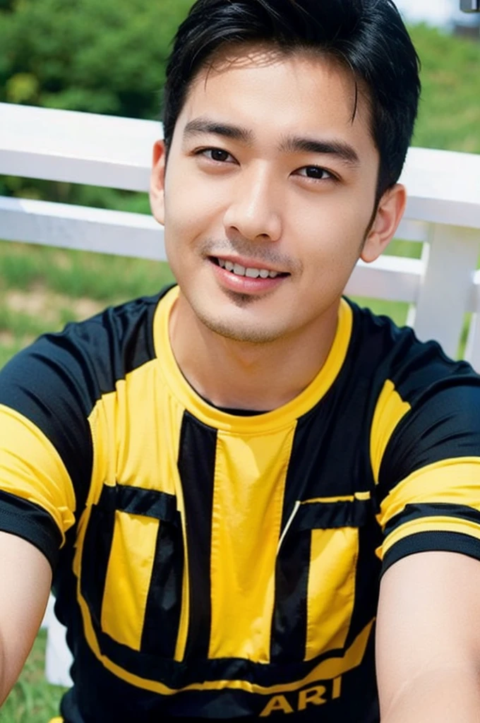 A handsome, muscular young Asian man looks at the camera. In a simple t-shirt black and yellow , Fieldside, grass, beach, sunlight,