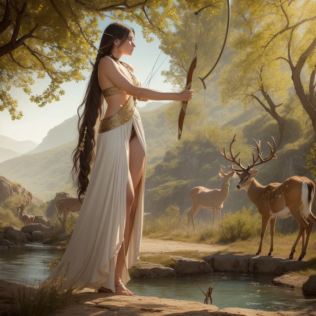 (there are a greek woman hawking and archery in river, naked, fullbody, deer, bow, archer, deer, bow, river white hair, hairy torso, fantasy, intricate, elegant, highly detailed, digital painting, artstation, concept art, smooth, sharp focus, illustration,