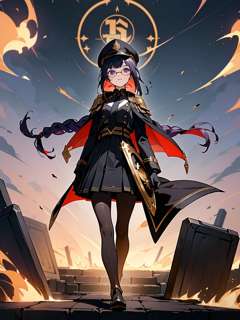 realisitic, City Deserted, Pile of rubble, Brick building, a one woman (18 years old, far away blackw hair, far away slits, Eyes red, glare eyes, 精致的面容, standing (In floor, feet shoulder-width apart), Lolita style military uniform (blackw base, Red Insert, golden decoration, volantes, wide sleeves, dainty and delicate detailing armors), blackw far away gloves (blackw, Red Insert, golden decoration, small hands, armors), blackw far away gloves, knee high boots (blackw, high-heels, red soles), ha (blackw, aba dourada, shield emblem, delicate details), arms in front, Front of belly, Holding military swords with both hands (blackw, golden decoration, delicate detail, Handle at the top, Ground-facing blade, in front of the body, far away), night sky (blackw, stele, Increased flames and smoke) Pale painting style, One Girl, super high quality, Super Detail, Super Detailed image, long hair, looking at viewer, skirt, shirt, hair ornament, violet eyes, gloves, round glasses, long sleeves, hat, closed mouth, jacket, violet hair, braid, open clothes, necktie, black gloves, black skirt, uniform, single braid, open jacket, black jacket, black headwear, 手链, peaked cap, black necktie, cropped jacket, military hat, pantyhose, Flat Chest, smile, Black Cape