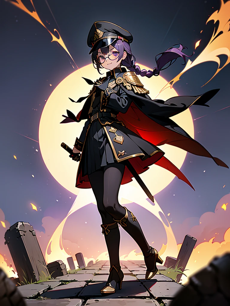 realisitic, City Deserted, Pile of rubble, Brick building, a one woman (18 years old, far away blackw hair, far away slits, Eyes red, glare eyes, 精致的面容, standing (In floor, feet shoulder-width apart), Lolita style military uniform (blackw base, Red Insert, golden decoration, volantes, wide sleeves, dainty and delicate detailing armors), blackw far away gloves (blackw, Red Insert, golden decoration, small hands, armors), blackw far away gloves, knee high boots (blackw, high-heels, red soles), ha (blackw, aba dourada, shield emblem, delicate details), arms in front, Front of belly, Holding military swords with both hands (blackw, golden decoration, delicate detail, Handle at the top, Ground-facing blade, in front of the body, far away), night sky (blackw, stele, Increased flames and smoke) Pale painting style, One Girl, super high quality, Super Detail, Super Detailed image, long hair, looking at viewer, skirt, shirt, hair ornament, violet eyes, gloves, round glasses, long sleeves, hat, closed mouth, jacket, violet hair, braid, open clothes, necktie, black gloves, black skirt, uniform, single braid, open jacket, black jacket, black headwear, 手链, peaked cap, black necktie, cropped jacket, military hat, pantyhose, Flat Chest, smile, Black Cape