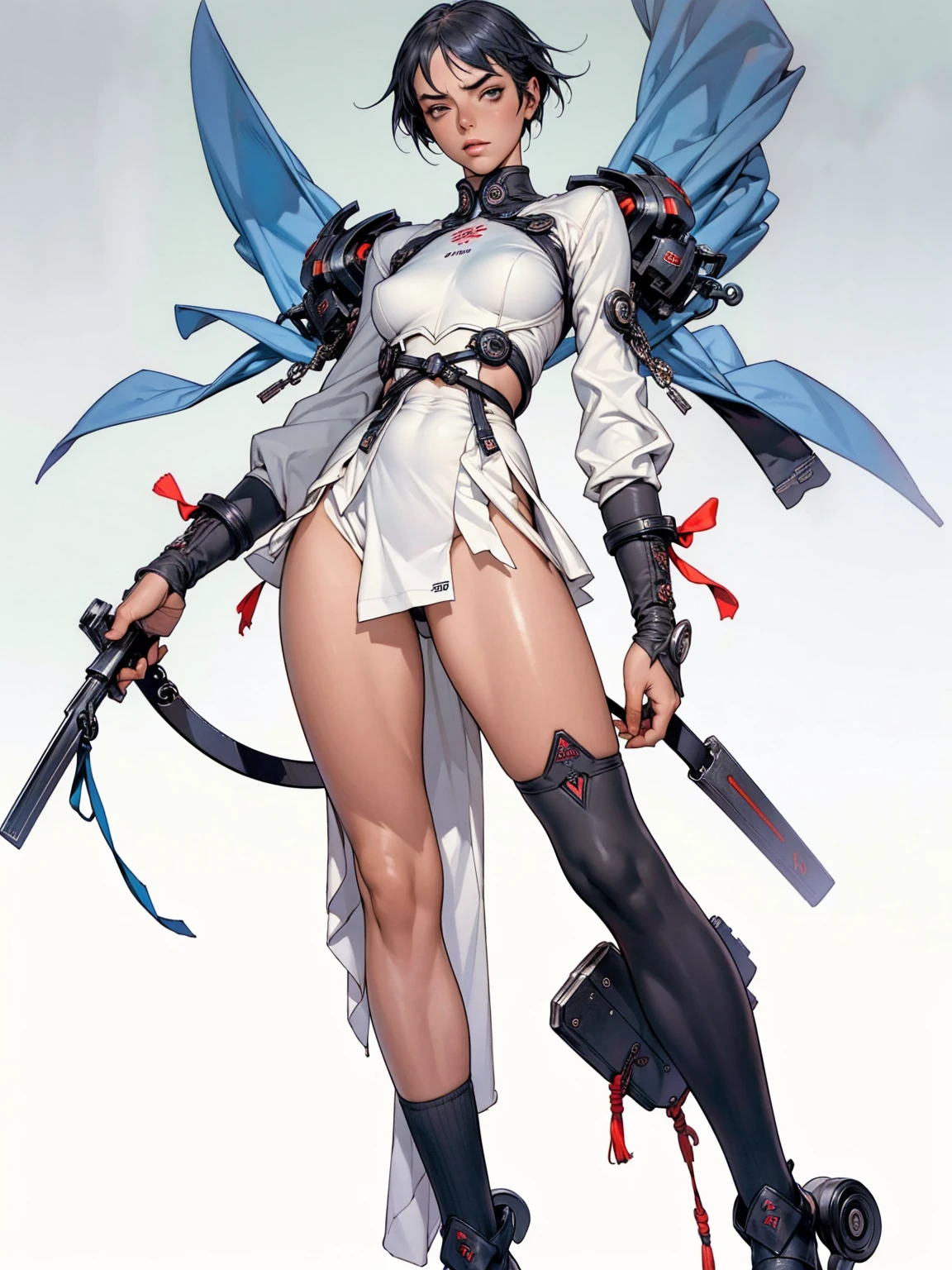 (((Annie Lennox))), ((( transparent dark grey blue suit ))), (((bandaged arms))), ((high collar)), (((Ryuko Matoi))), (((micro skirt with vertical seams))), (((best qualityer: 1.4))), (Unbeatable masterpiece), (hiper HD),(CG 8k hyper-realistic), (((brave face))), (((breasts big))), (((hyper feminine))), sexly girl, Thor,（black bob hair)), ((( sculptural body ))), (((1 Kizi))), Kizi cibernética de 25 anos com perfectbody,,Beautiful and well-groomed face,muscular body:1.2,solid color detailed jacket, (Head to thigh photos), Complex equipment, green dark，long pants，Tight clothes are dark，With white stars and off-white stripes,,,,,Armor Metal Electronic Parts) INFO, Kizi, (((standing alone))), pirralha violent, (((14歳))), sexly, pose de atitude, work of art, post-apocalypse, (((manga style))), bounty hunter, violent, Manic, the way you want, slenderbody, thin but strong, perfectbody, roupa moderna, advanced technology, neon, sleeves with vertical striped pattern, neutral background, (( cowboy shot )). intricate visual