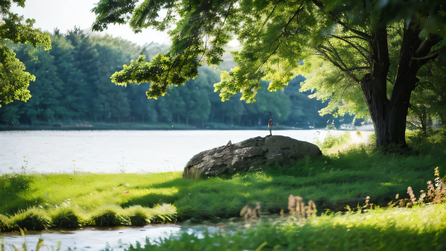 ((best quality)), ((masterpiece)), (detailed),This photo shows a beautiful lake in a forest，Taken on a sunny summer day。Surrounded by green trees，The lake is crystal clear，Reflecting the beautiful scenery of blue sky and white clouds。Svetlin Velinov’s photography style is extremely artistic，Focus on minimalism，Capturing the purity and harmony of nature。
A coniferous forest landscape can be seen in the background，This view of the Siberian taiga adds a sense of depth to the image。Tall pine and fir trees stand erect，Lush foliage，Lots of greenery。Sunlight through the canopy，Spreading mottled light and shadow，Adding a mysterious and quiet atmosphere to the forest。Green trees around the lake reflect the water，Make the overall picture more vivid and harmonious。
The lake in the foreground acts like a mirror，Quietly showing the beauty of nature，Gives people a sense of peace and tranquility。The lake water ripples gently in the breeze，Occasionally, traces of fish swimming can be seen on the water surface.。Natural arrangement of shore stones by the lake，some covered with moss，Look simple and natural。On the grass by the lake，Dotted with colorful wildflowers，It adds a touch of liveliness and vitality to the whole picture。

