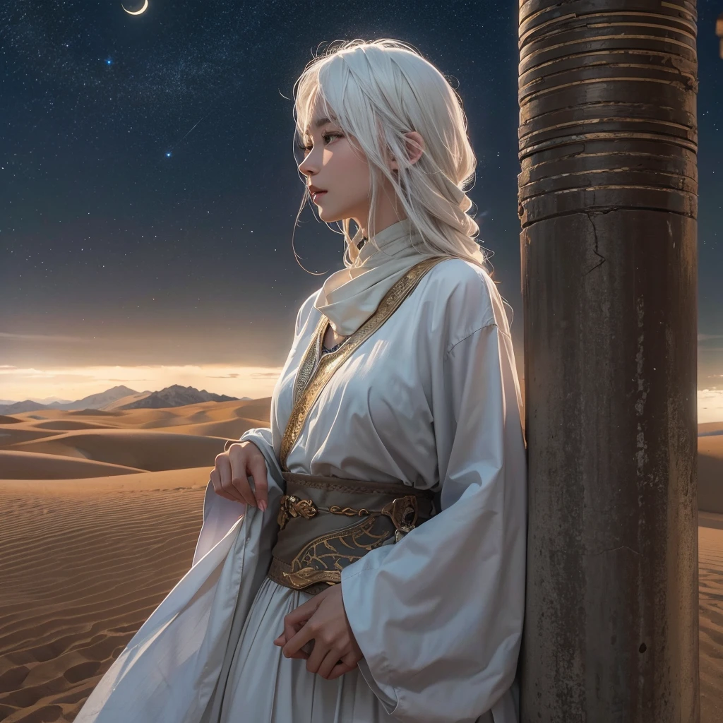 (Highest quality、masterpiece、8K、Best image quality、Ultra-high resolution、Award-winning works)、A beautiful white-haired woman watches over us from afar in the desert........, Where the moonlight shines.、Ancient Islamic clothing、Beautiful face drawn in every detail