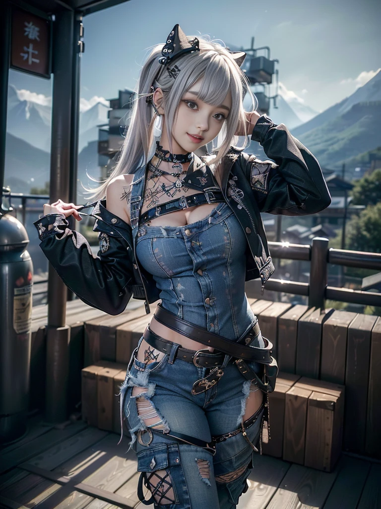(Beautiful lips and nose:1.4)、(Long eyelashes:1.4)、(Smiling with teeth showing:1.3),(Shibuya Gal:1.5)、(Gothic ta delicately decorated dress:1.5)、(Tattered denim and black punk rock cargo pants:1.5)、(Denim and black navy skull mark small jacket:1.4)、(denim garter belt:1.5)、(Black and denim knee socks:1.3)、(Skull Silver Accessories:1.5)、(Denim collar:1.3)、(Brown Skin Belt:1.4)、(Brown boots:1.2)、(The underwear is striped:1.4)、31 years old、((Highest quality、In 8K、masterpiece:1.3))、Sharp focus:1.2、(Layered Cut、Huge boobs:1.1),Beautiful woman with perfect figure:1.4、(Dancing vigorously:1.3)、Slender Abs:1.2、Highly detailed face and skin texture、Detailed eyes、double eyelid,(Twin tails:1.3)、(Cream colored hair:1.3)、Gravure idol、(The background is a vast mountain with a clear view々Beautiful luxury resort destination in Europe:1.3)、(Slim body:1.2),(Make your legs thinner:1.4),(clavicle:1.1)