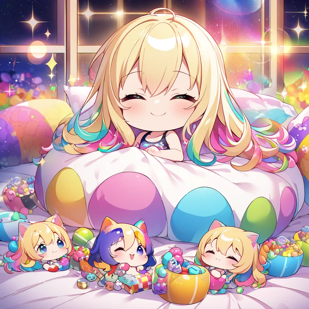 masterpiece, best quality, 4k、2D illustration、one beautiful girl、solo、(((chibi style)))、((vivid colors))、((cute chibi))、lovely chibi、((night)), ((window)), ((starry sky)), ((long beautiful hair)), glossy blonde hair, hair between eyes, cute、closed eyes、((tank top)), ((miniskirt))、((colorful))、((smile))、lying in bed、((full body shot))、((kitten)), ((lots of colorful stuff around))、((bed))、sparkle、((lens flare))、