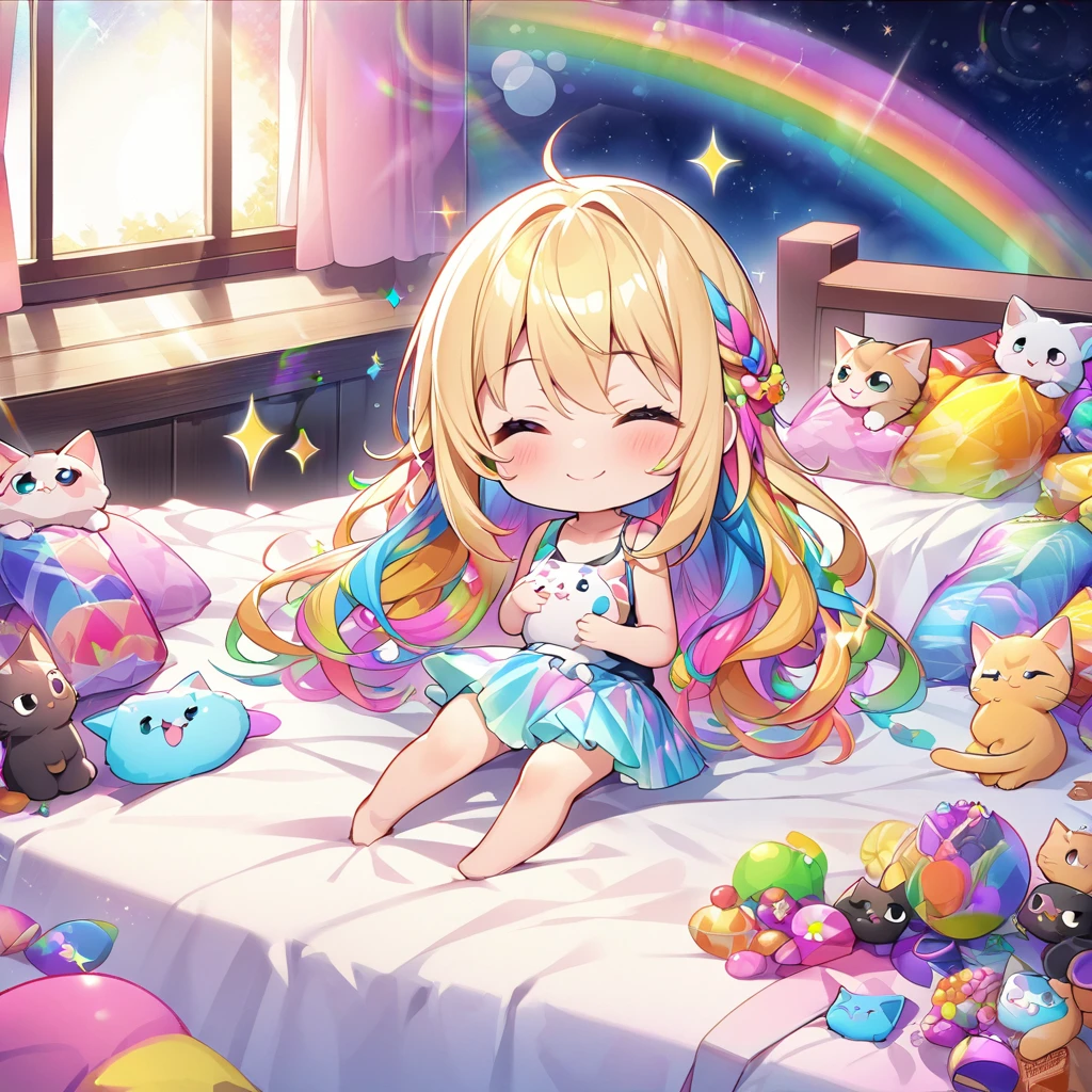 masterpiece, best quality, 4k、2D illustration、one beautiful girl、solo、(((chibi style)))、((vivid colors))、((cute chibi))、lovely chibi、((night)), ((window)), ((starry sky)), ((long beautiful hair)), glossy blonde hair, hair between eyes, cute、closed eyes、((tank top)), ((miniskirt))、((colorful))、((smile))、lying in bed、((full body shot))、((kitten)), ((lots of colorful stuff around))、((bed))、sparkle、((lens flare))、
