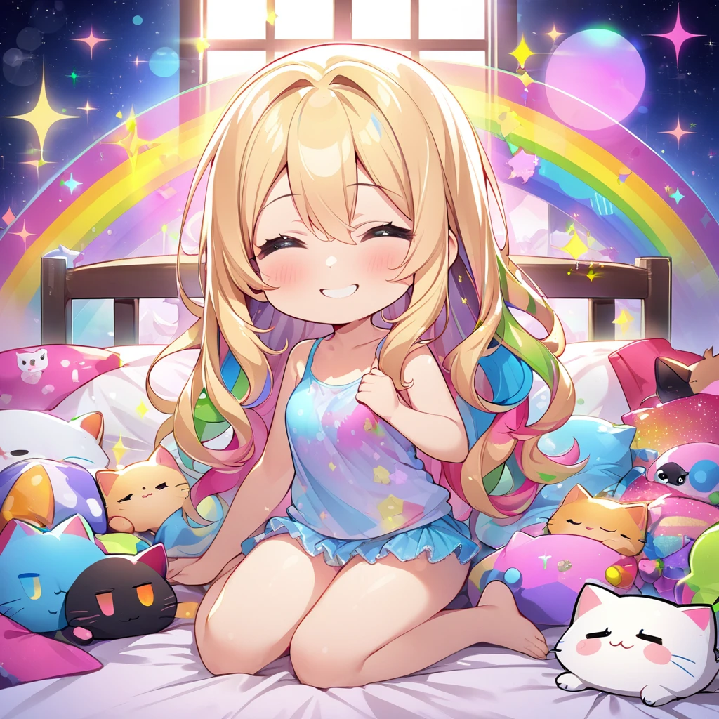 masterpiece, best quality, 4k、2D illustration、one beautiful girl、solo、(((chibi style)))、((vivid colors))、((cute chibi))、lovely chibi、((night)), ((window)), ((starry sky)), ((long beautiful hair)), glossy blonde hair, hair between eyes, cute、closed eyes、((tank top)), ((miniskirt))、((colorful))、((smile))、lying in bed、((full body shot))、((kitten)), ((lots of colorful stuff around))、((bed))、sparkle、((lens flare))、