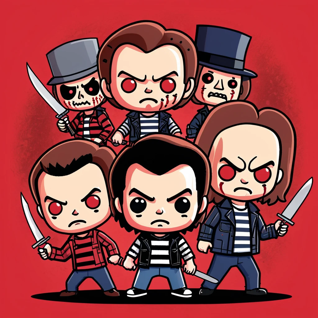 A charming and quirky illustration of iconic horror movie killers in a chibi style, featuring the text "The Killers" at the top. The print showcases characters like Freddy Krueger, Jason Voorhees, Michael Myers, Leatherface, chucky, ghostface, each in a playful and stylized version of their original appearance. The background is a vibrant red, adding to the overall horror-themed aesthetic of the design.