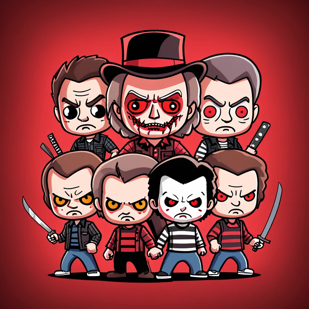 A charming and quirky illustration of iconic horror movie killers in a chibi style, featuring the text "The Killers" at the top. The print showcases characters like Freddy Krueger, Jason Voorhees, Michael Myers, Leatherface, chucky, ghostface, each in a playful and stylized version of their original appearance. The background is a vibrant red, adding to the overall horror-themed aesthetic of the design.